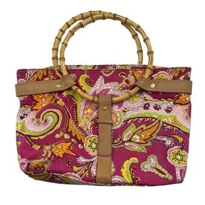 Ralph Lauren Vachetta Leather Paisley Canvas Purse Handbag Round Bamboo Handle